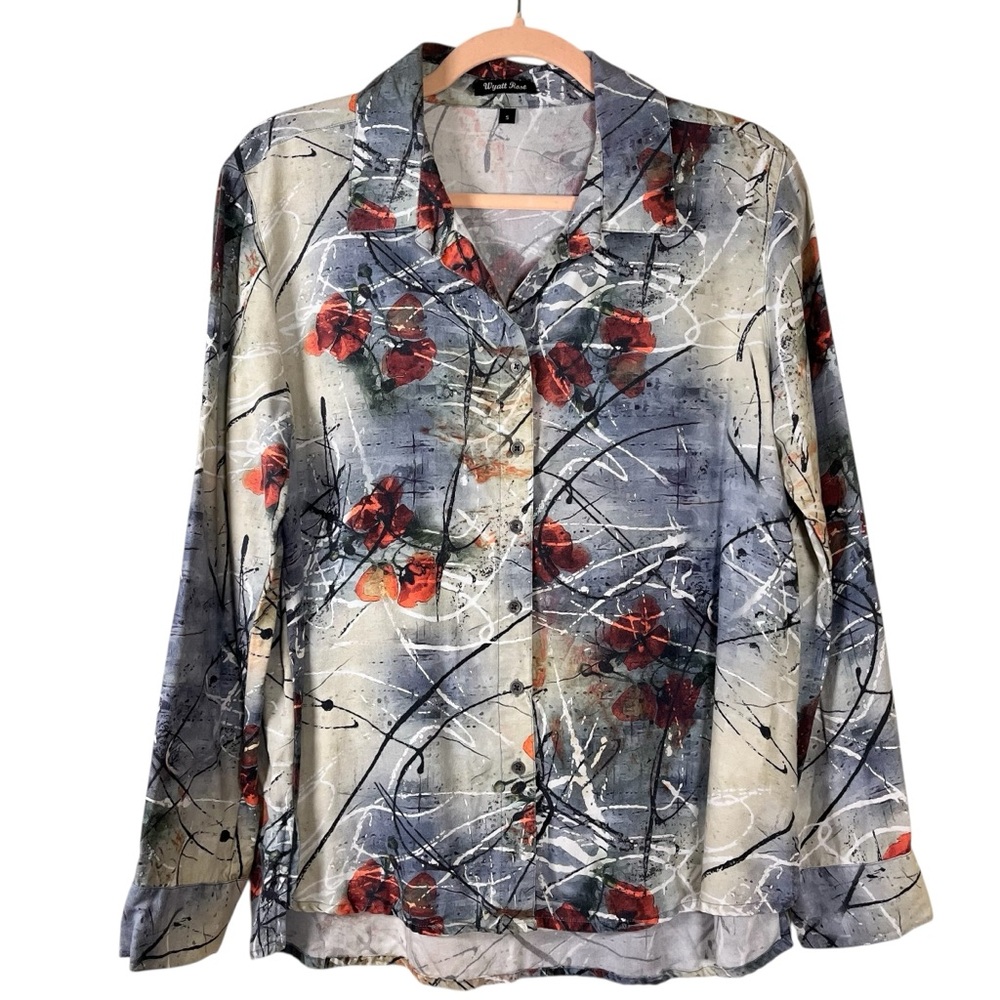Wyatt‎ Rose Women's Abstract Art Button Down Shirt Gray Red Size S Grunge Dark